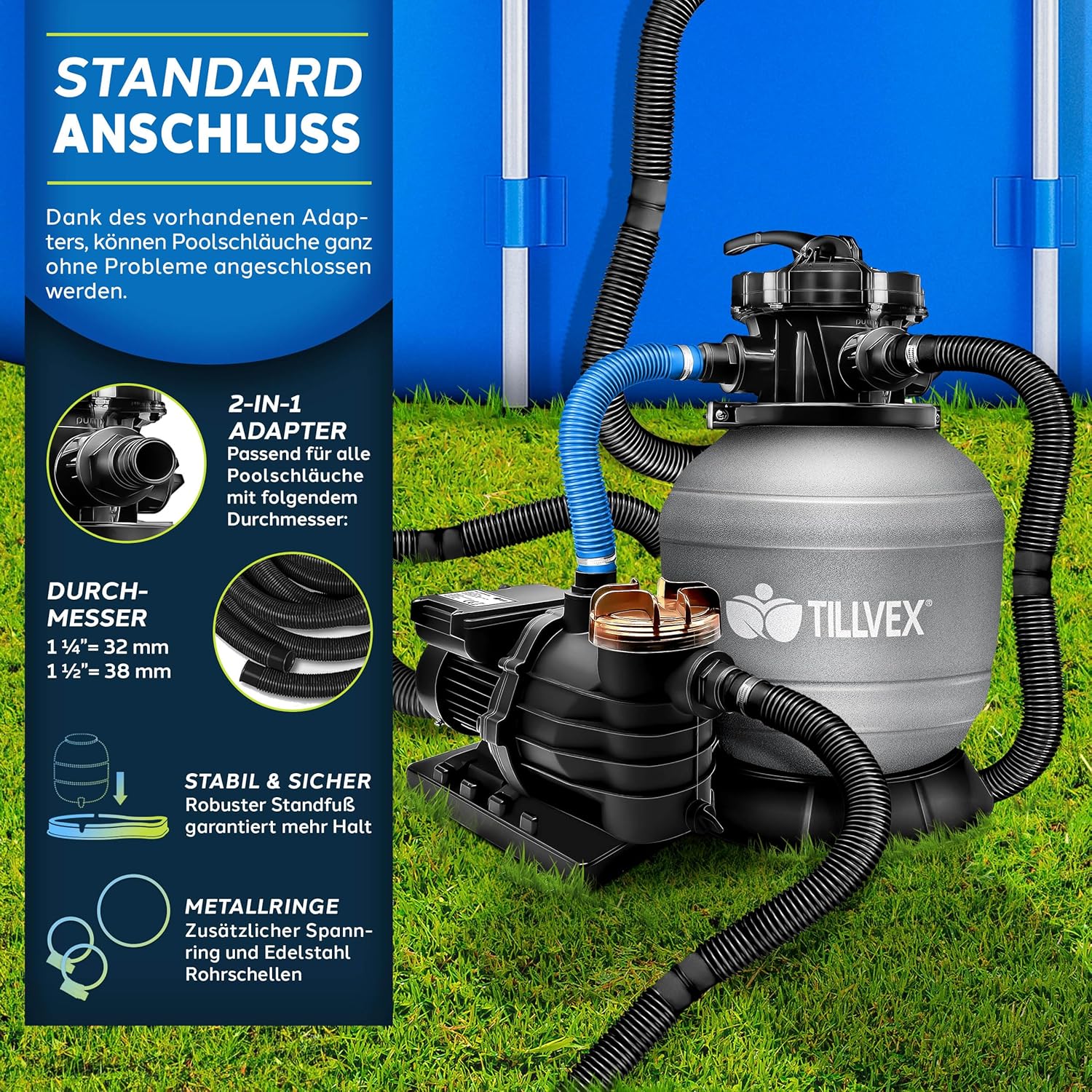 Tillvex® Zandfilter - Zandfilterpomp - 13200L/u - Grijs