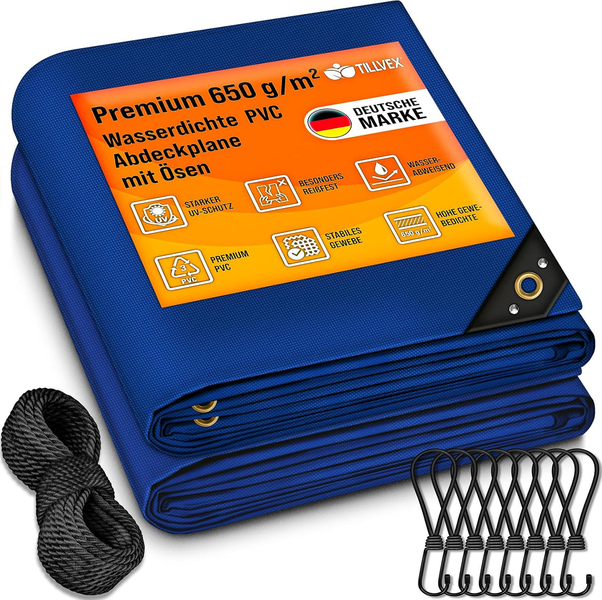 tillvex® Floordirekt Afdekzeil, 4x7 meter, met ingestanste ringen, 10 x spanrubber, 15 m touw, 650 g/m², waterdicht en scheurvast, premium pvc-zeil, universeel, voor vrachtwagen, zwembad, tuinmeubelen, tuinzeil