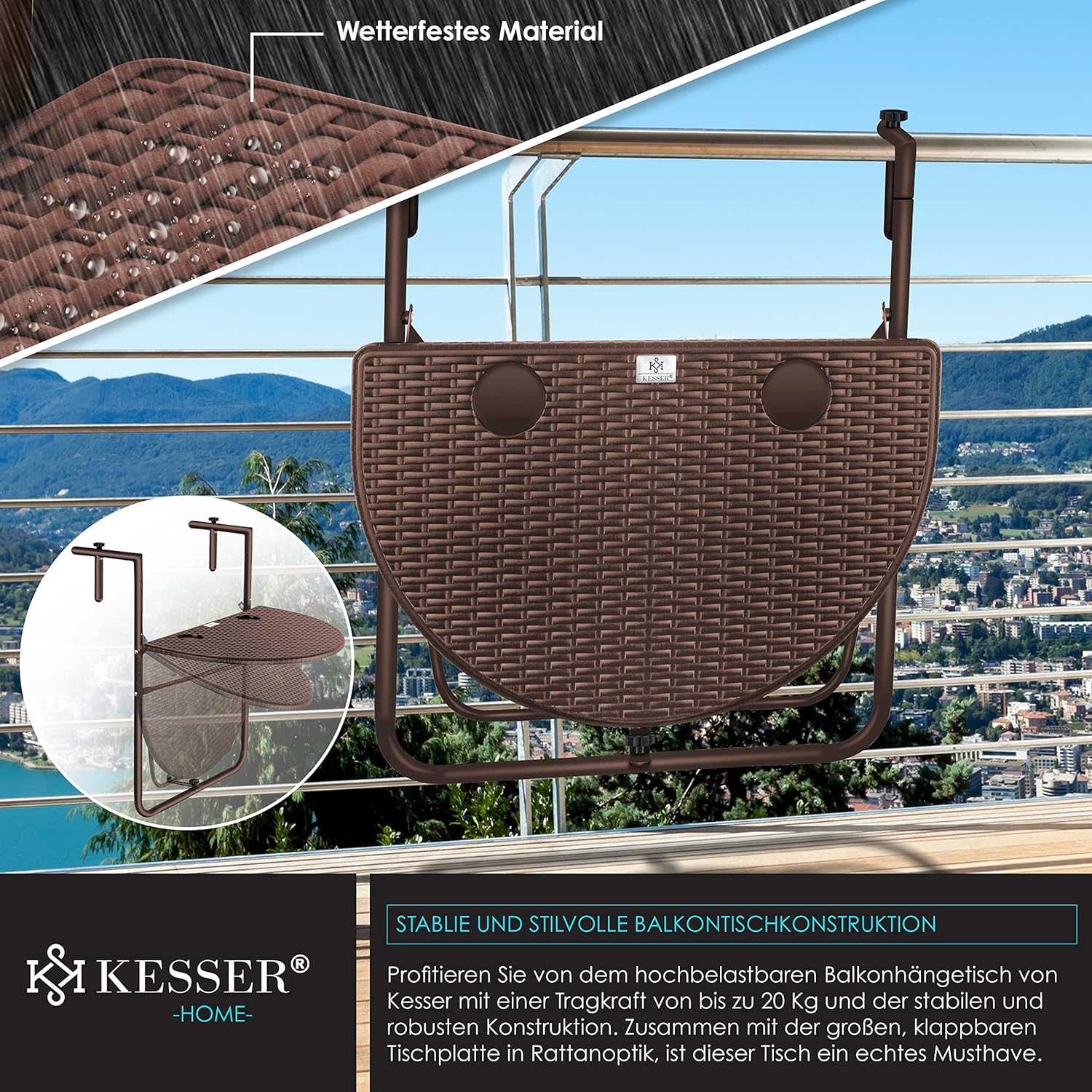 KESSER® Balkontafel - Inklapbaar - Hangtafel - Verstelbaar - Bruin