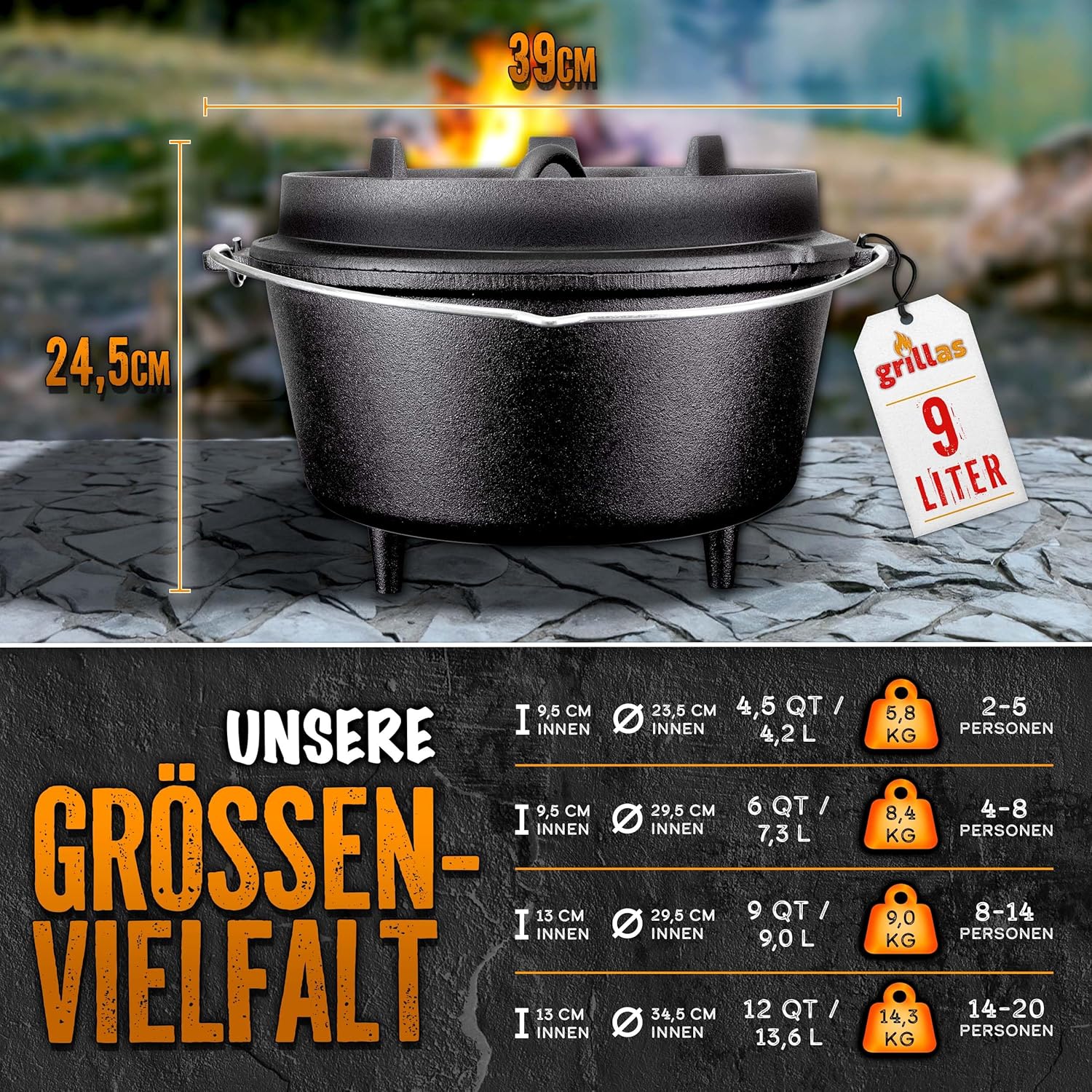 Grillas® Dutch Oven Set - 9L - Vuurpan - Stoofpan - Gietijzeren pan