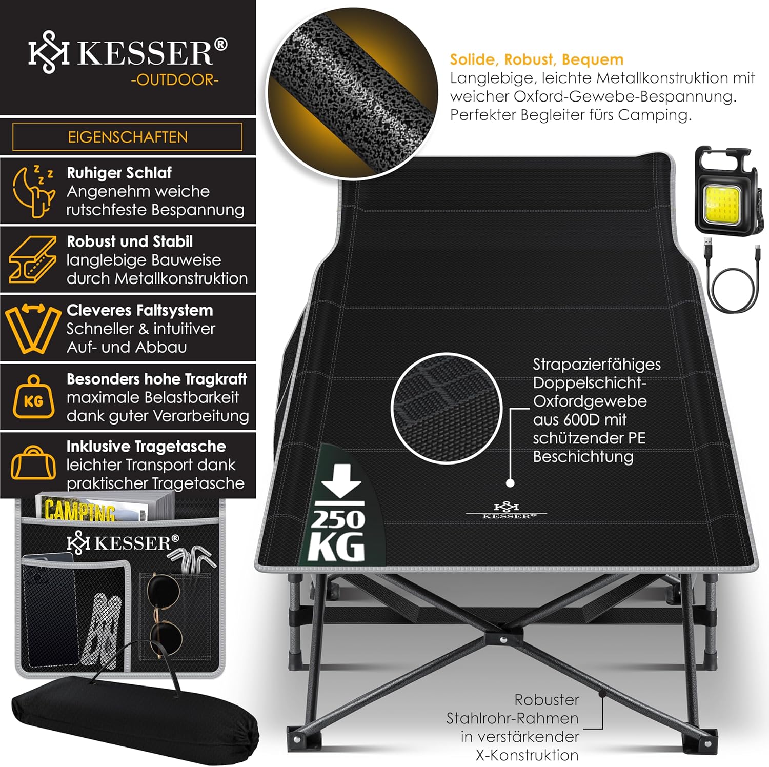 Veldbed - 1 Persoons - Kampeerbed - Stretcher - Zwart - KESSER®