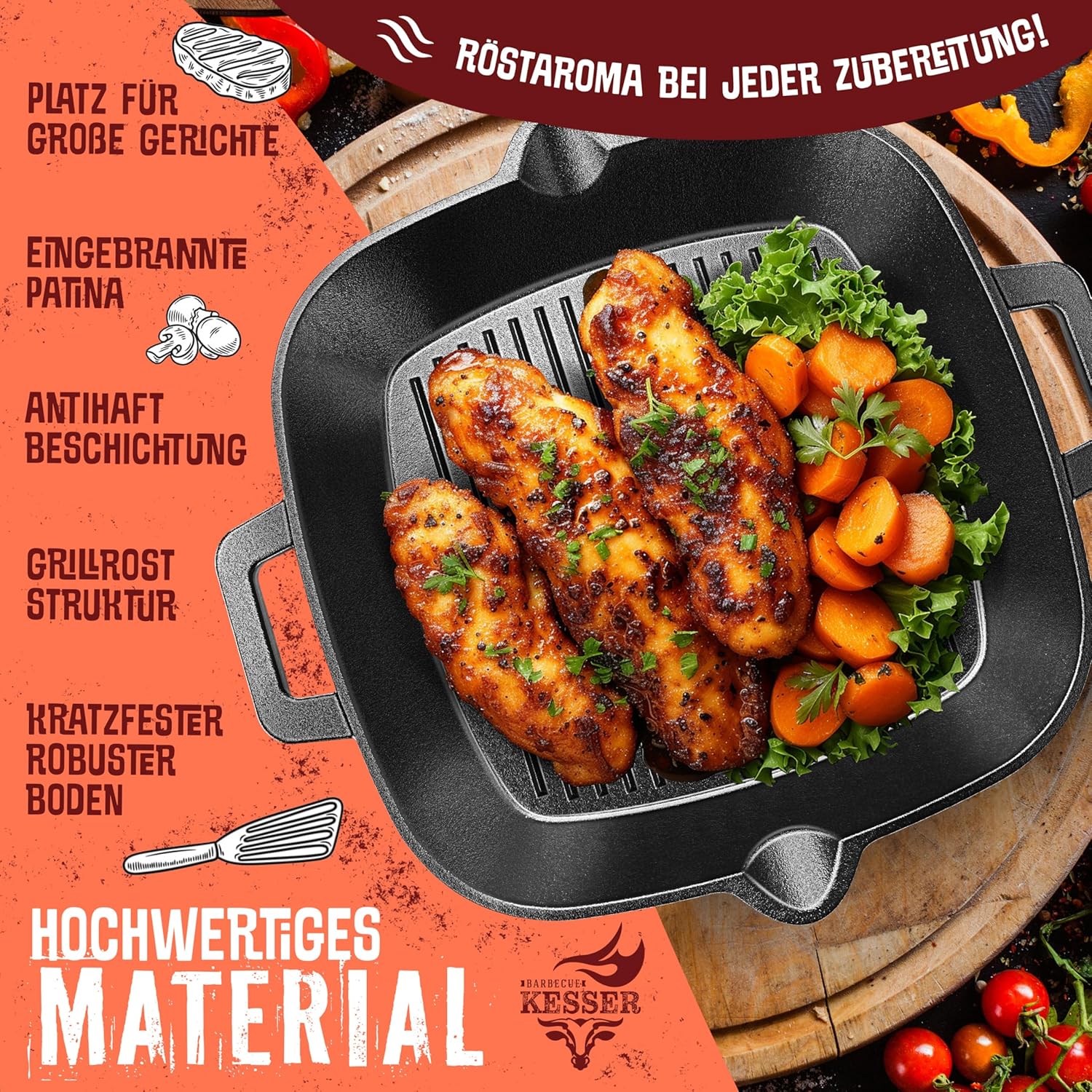 KESSER® Gietijzeren grillpan, inductie, 30 cm, gietijzeren pan, braadpan, gietijzeren pan voor gasgrill, oven, kolengrill, steakpan, incl. beschermende handgrepen, receptenboek en ringreiniger