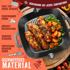 KESSER® Gietijzeren grillpan, inductie, 30 cm, gietijzeren pan, braadpan, gietijzeren pan voor gasgrill, oven, kolengrill, steakpan, incl. beschermende handgrepen, receptenboek en ringreiniger
