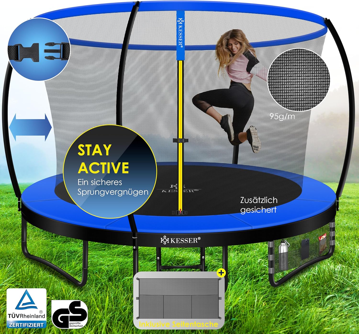 KESSER® Trampoline Ø305 cm - Veiligheidsnet en Ladder - tot 150 kg belasting - Blauw