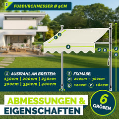 tillvex Klemluifel met handslinger, balkon, balkonluifel zonder boren, luifel uv-bestendig en in hoogte verstelbaar, zonwering, terras en tuin, waterdicht (zand, 250 cm)