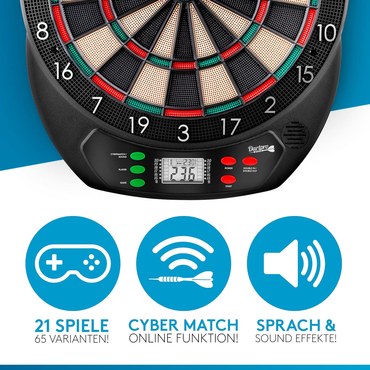 DartPro Het origineel: elektronisch dartbord professioneel dartbord met 6 darts [draadloos te gebruiken] Innovatief dartautomaat met 65 varianten, double in en double-out, voor 1 tot 8 spelers •