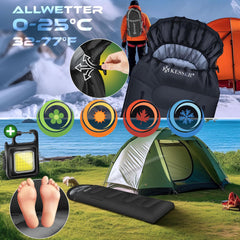 KESSER® Slaapzak voor buiten, dekenslaapzak, 3-4 seizoenen, campingslaapzak voor volwassenen en kinderen, licht, draagbaar, warm en waterafstotend, inclusief campinglamp en zijzak, zwart
