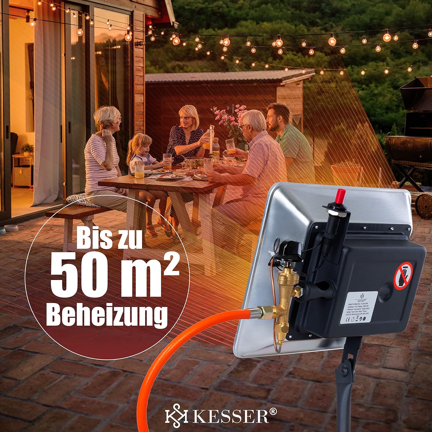 KESSER Gasheater warmtestraler gas opzetstuk straler incl. piëzo-ontsteking slang & regelaar flessenhouder gaskachel opzetverwarming aangedreven met propaan - voor 5 kg of 11 flessen, zilver