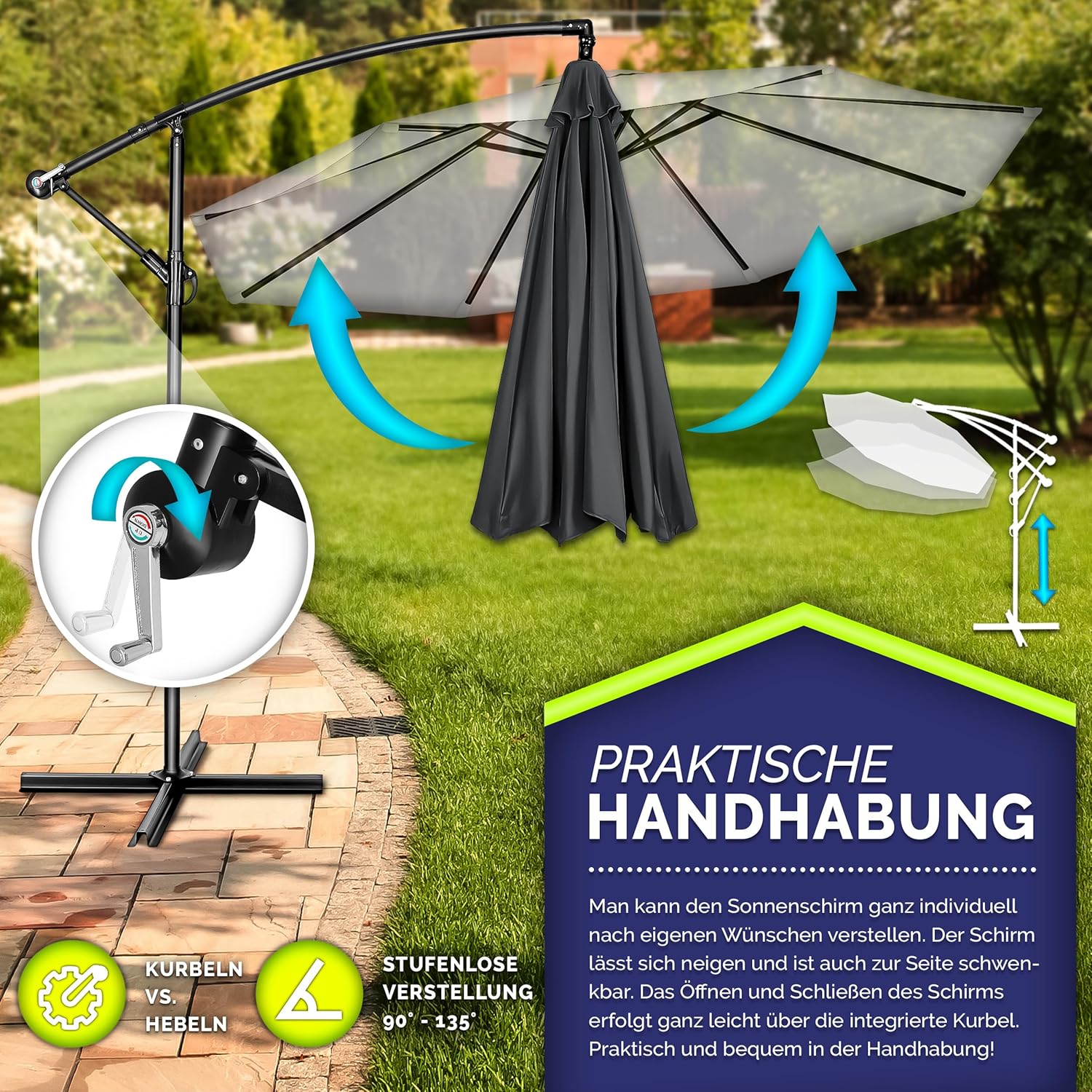 Tillvex® Parasol - Zweefparasol - Ø300cm - 360° Draaibaar - Antraciet