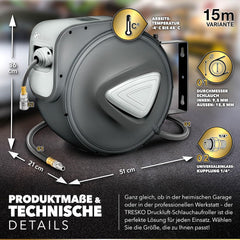 TRESKO® Automatische Luchtslang - 15M - Slanghaspel - Grijs •
