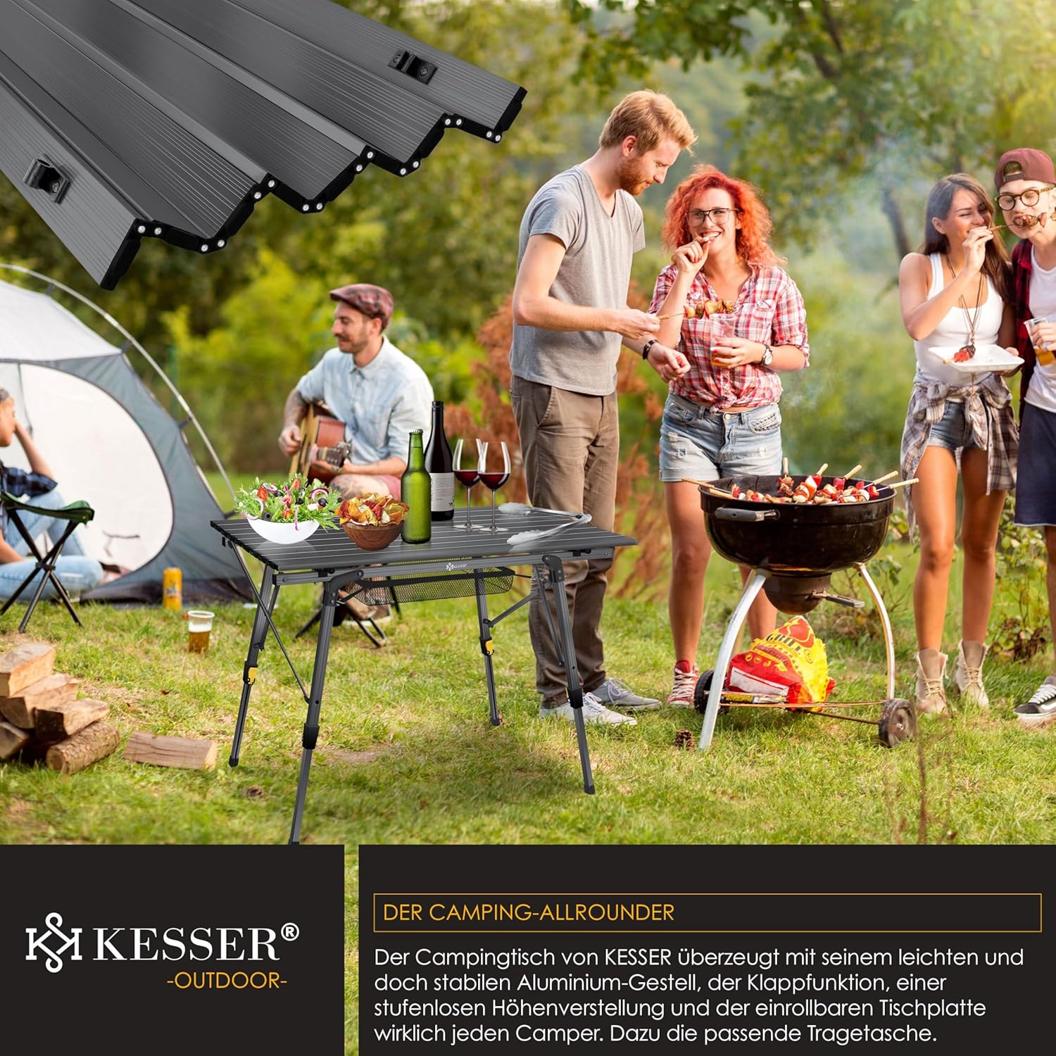KESSER® Campingtafel Opvouwbaar - Verstelbaar - 90x53cm - Antraciet