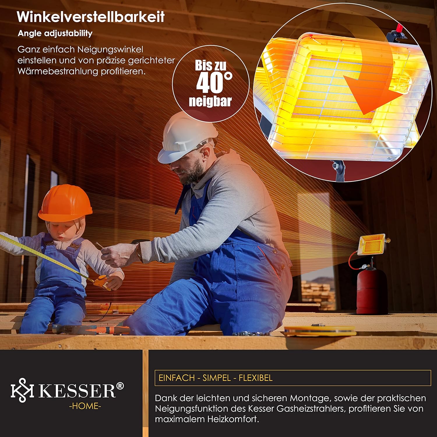 KESSER Gasheater warmtestraler gas opzetstuk straler incl. piëzo-ontsteking slang & regelaar flessenhouder gaskachel opzetverwarming aangedreven met propaan - voor 5 kg of 11 flessen, zilver