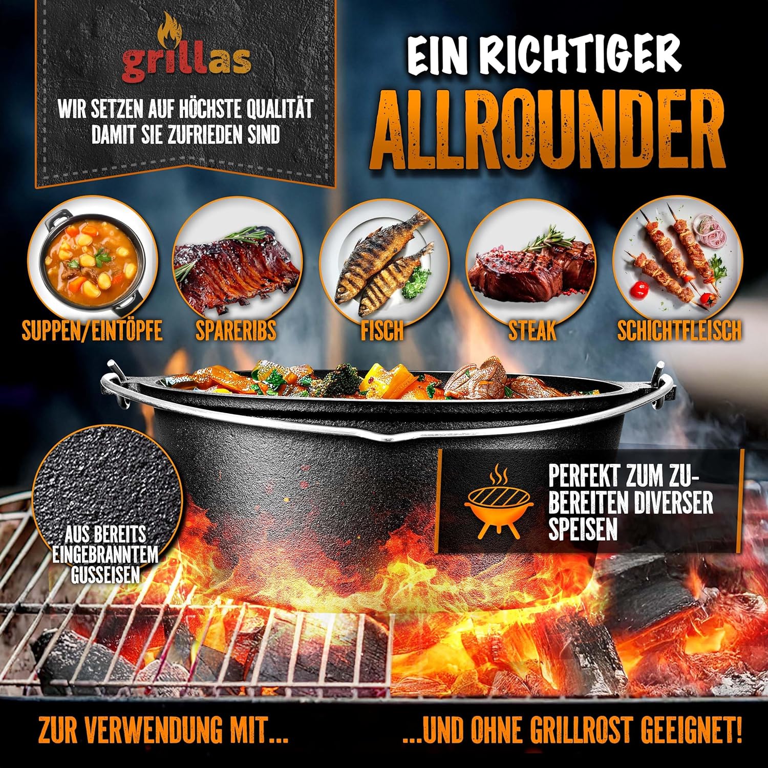 Grillas® Dutch Oven Set - 7,3L - Vuurpan - Stoofpan - Gietijzeren pan