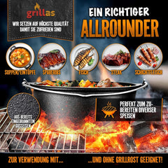 Grillas® Dutch Oven Set - 7,3L - Vuurpan - Stoofpan - Gietijzeren pan