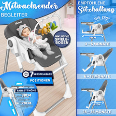 KIDUKU® Kinderstoel voor baby's, 3-in-1 met opzetstuk voor pasgeborenen + slabbetje, activiteitsboog en tafel, kinderstoel, inklapbaar, met ligfunctie, in hoogte verstelbaar, meegroeiend, 0-36 maanden