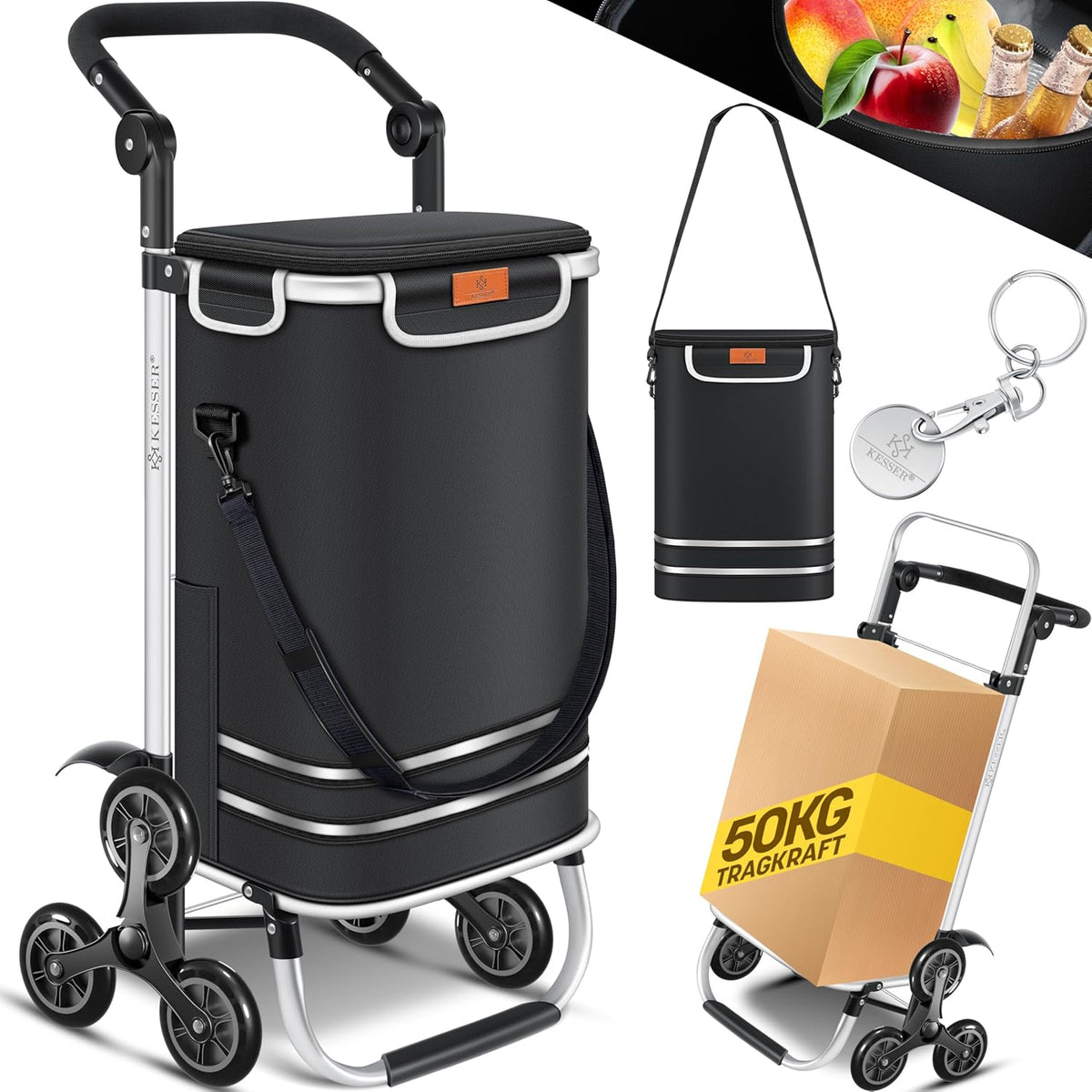KESSER® Boodschappentrolley - Boodschappenwagen - 56L - tot 50kg  - Zwart •