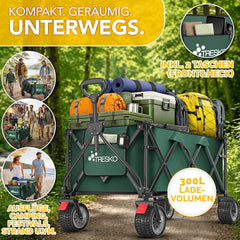 TRESKO® Bolderkar, opvouwbaar, 300 liter, met rem, inklapbaar, 150 kg, incl. massief rubberen banden, opvouwbare strandwagen, extra brede all-terrain wielen, transportwagen met draagtas (groen)
