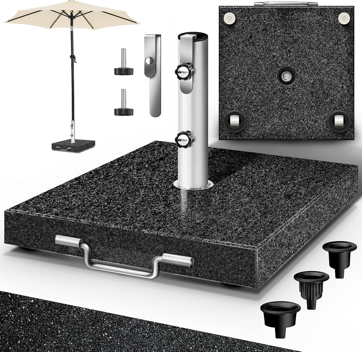 tillvex® Granit Parasolstandaard met wielen en transportgreep, 27 kg, vierkant, parasolvoet met roestvrijstalen buis, balkonparasolstandaard voor parasolstokken 16-48 mm en 250 cm diameter