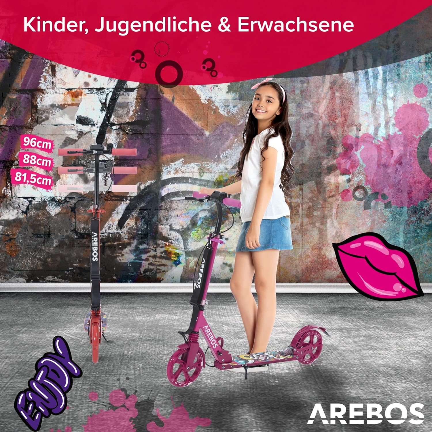 Kinderstep - LED Wielen - Verstelbaar - Vouwbaar - Rood - Arebos