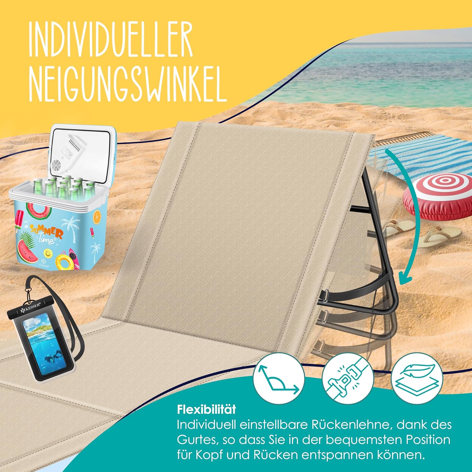 KESSER® Set van 2 opvouwbare strandmatten, met verstelbare rugleuning, draagriem, waterdichte tas en opslag, opvouwbare ligstoel voor strand, tuin en terras, elk 130 kg belastbaar