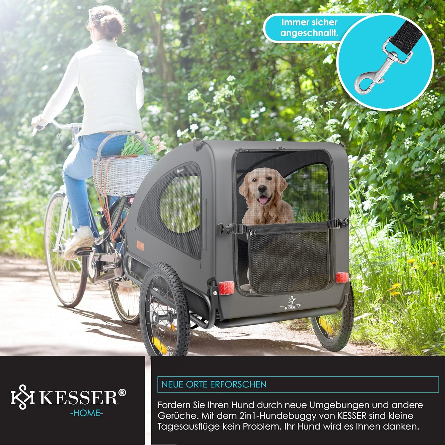 KESSER® Hundeanhänger Boxer 2-in-1 Hundebuggy Fahrradanhänger groß ca. 250L Volumen - Inkl. Fahne und Tasche - 600D Oxford Canvas, Klappbar SmartSpace Concept, max. 45kg