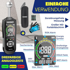 MASKO® Vochtmeter vochtmeter muur vloer, hout & bouwmaterialen dekvloer beton gips niet-destructieve meting pin-type vochtmeter HD-display, alarm, zaklamp en gegevensopslagfunctie