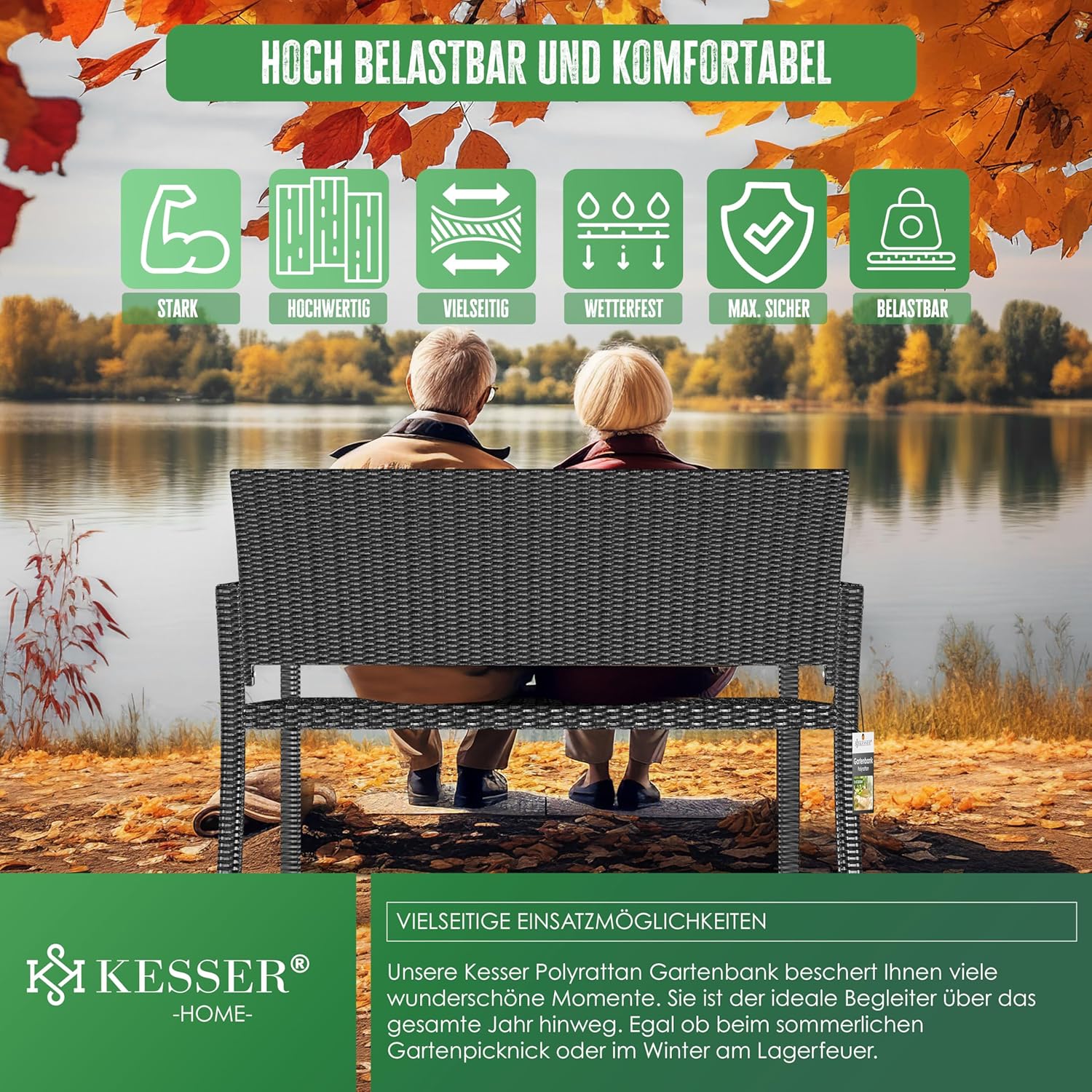 KESSER® Tuinbank, polyrotan, 2-zits, weerbestendig, uv-bestendig, tot 320 kg belastbaar, balkonbank, 125 x 62 x 90 cm, tuinmeubelen met cover en ergonomische armleuningen voor 2 personen, antraciet