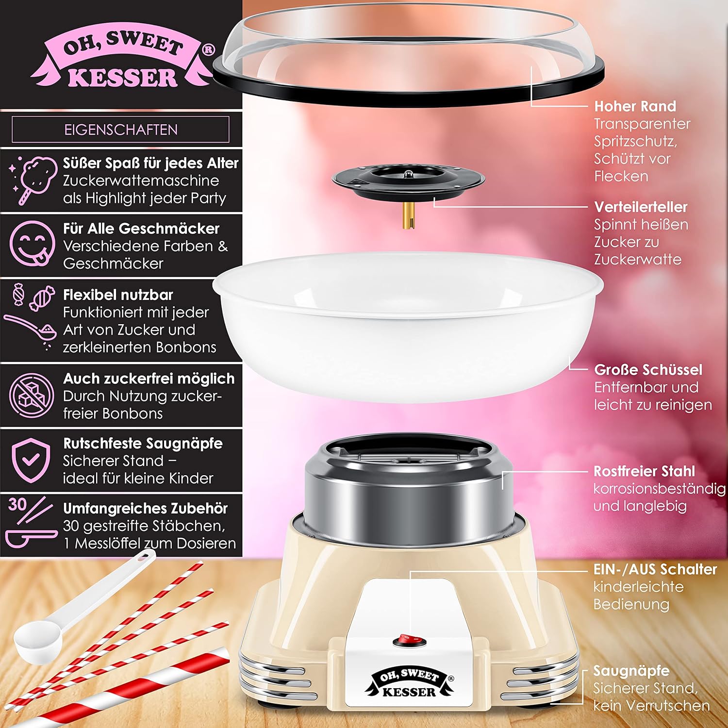 KESSER® Suikerspinmachine set voor je huis, met 30 x suikerspinstaafjes en maatlepels, retro katoenen snoepmachine, suikerspinmachine met accessoires, hoogte 22 cm, 500 W, crèmewit