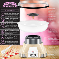 KESSER® Suikerspinmachine set voor je huis, met 30 x suikerspinstaafjes en maatlepels, retro katoenen snoepmachine, suikerspinmachine met accessoires, hoogte 22 cm, 500 W, crèmewit