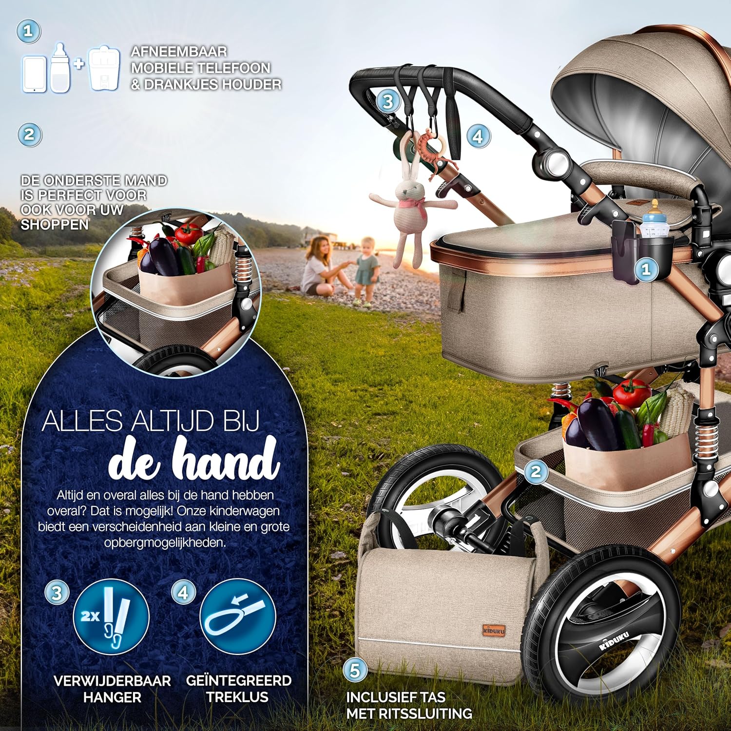 Kinderwagen 3 in 1 - Buggy - Wandelwagen - Kinderbuggy - Beige - KIDUKU®