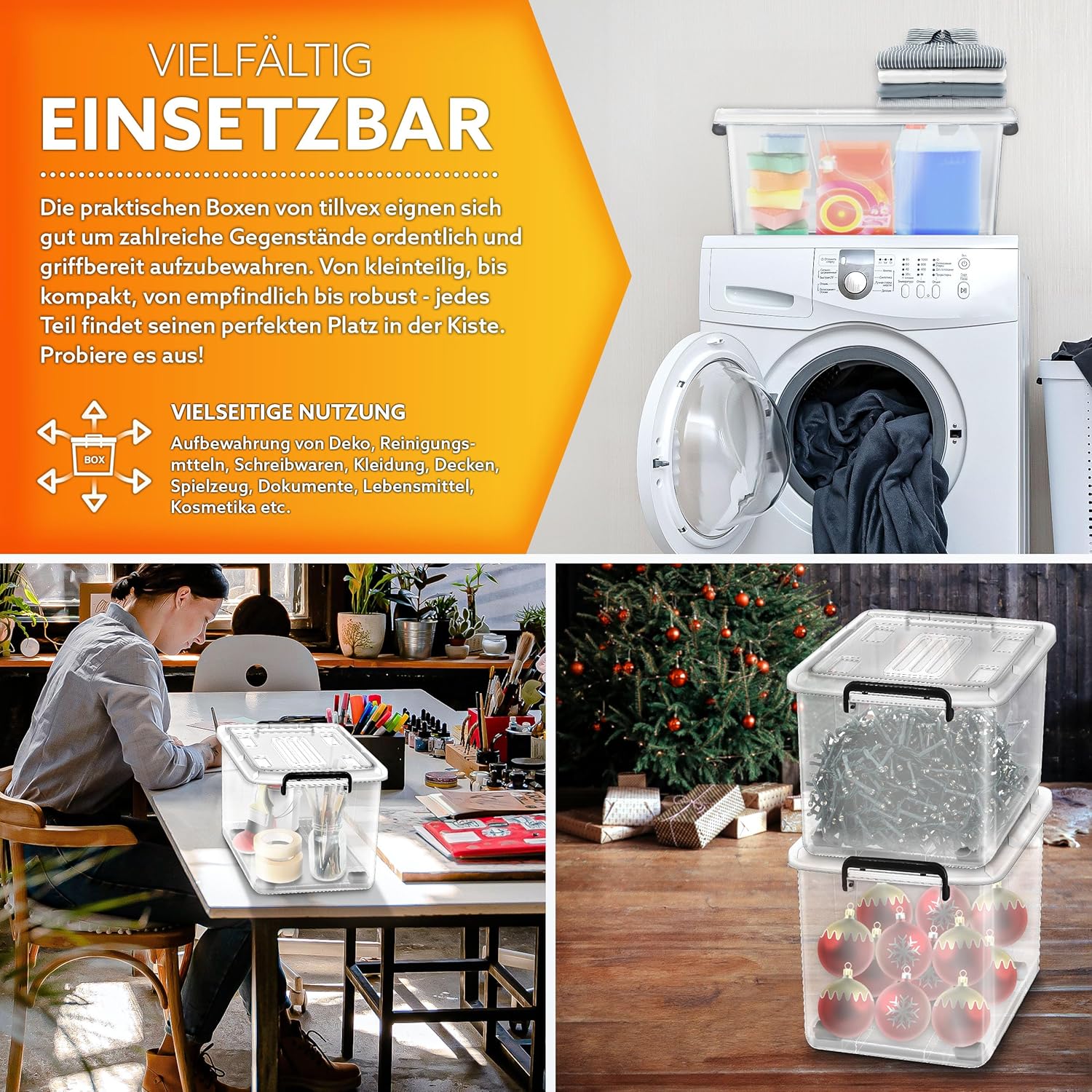 tillvex® Opbergdozen met deksel, set van 6, 13 liter, geschikt voor levensmiddelen, kunststof stapelbaar, grote opbergdoos, kledingdozen, 100% nieuw materiaal