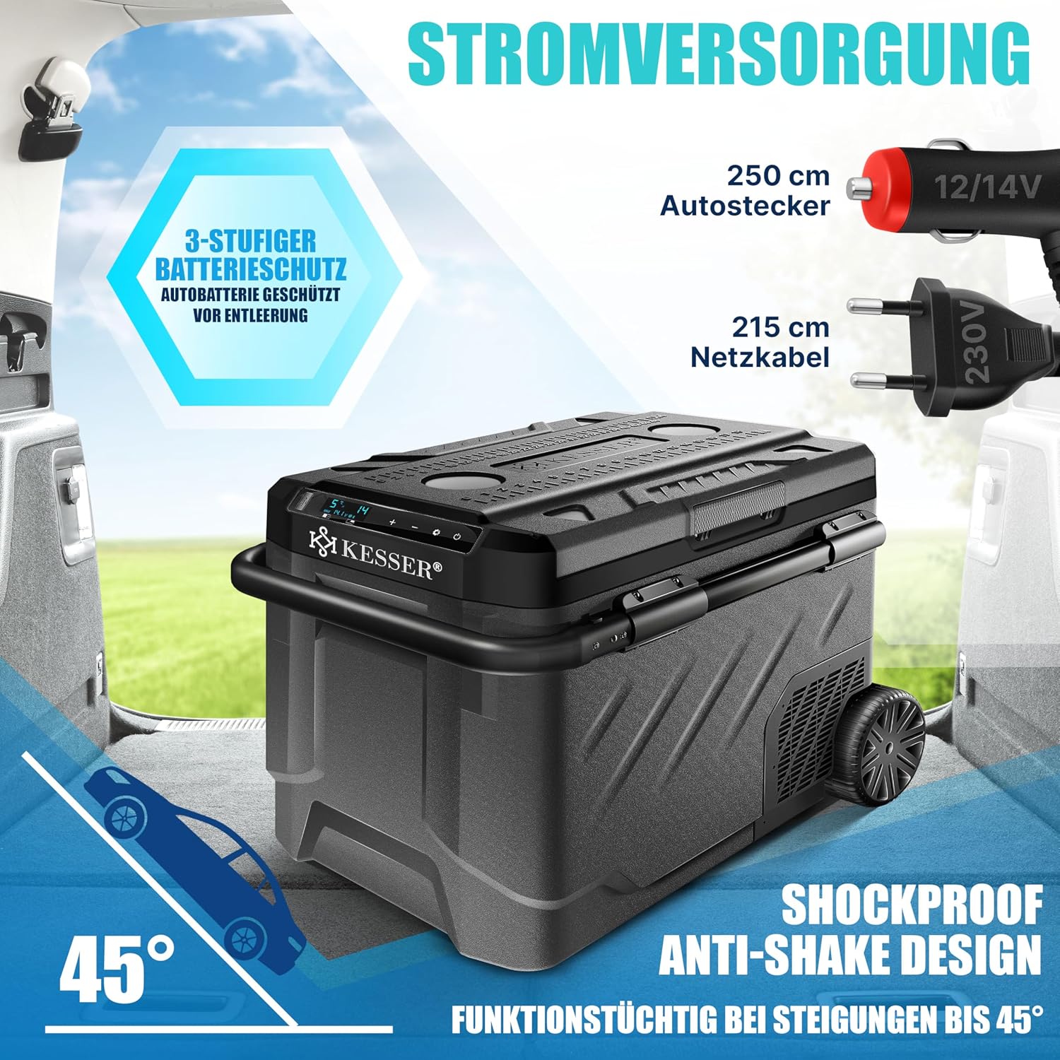 KESSER® Compressorkoelbox, elektrisch, 51 liter, campingvriesbox met led-touch, met app-besturing en koelaccu, USB-aansluiting, 12/24 V, 230 V, koelkastkoeling tot -20 °C