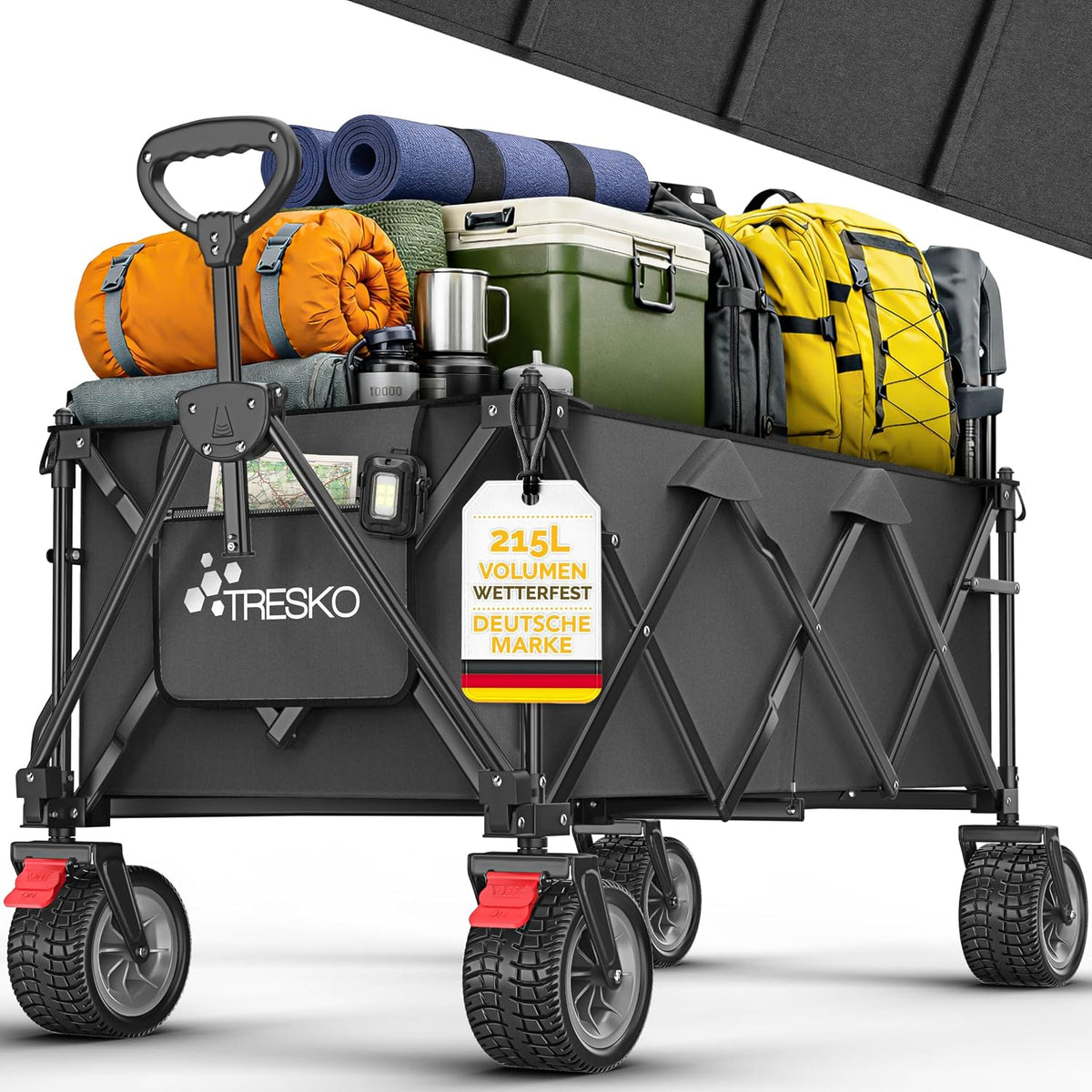TRESKO® Bolderkar, opvouwbaar, 215 liter, met rem, handwagen, inklapbaar, 150 kg, incl. massief rubberen banden, opvouwbare strandwagen, extra brede all-terrain wielen, transportwagen met draagtas (Zwart)