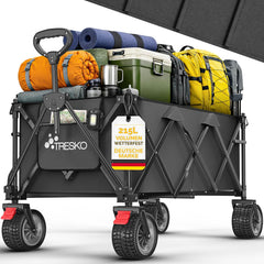 TRESKO® Bolderkar, opvouwbaar, 215 liter, met rem, handwagen, inklapbaar, 150 kg, incl. massief rubberen banden, opvouwbare strandwagen, extra brede all-terrain wielen, transportwagen met draagtas (Zwart)
