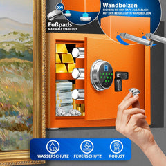 KESSER® Elektrische kluis met vingerafdruk & sleutel S | incl. noodbatterij | elektronische kluis | 3x dubbele boutvergrendeling | vloer wandkluis | meubelkluis | pantserkast cijferslot oranje