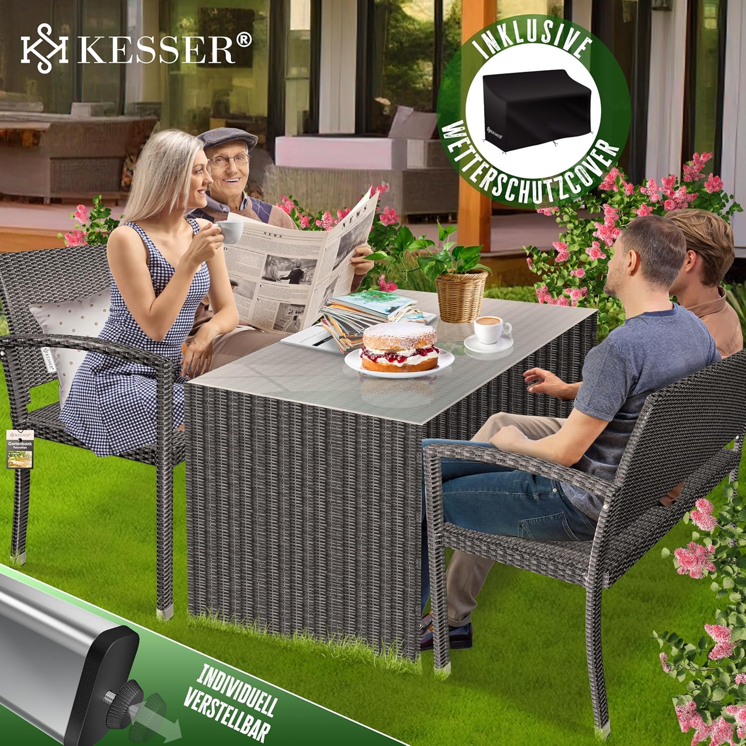 KESSER® Tuinbank, polyrotan, 2-zits, weerbestendig, uv-bestendig, tot 320 kg belastbaar, balkonbank, 125 x 62 x 90 cm, tuinmeubelen met cover en ergonomische armleuningen voor 2 personen, antraciet