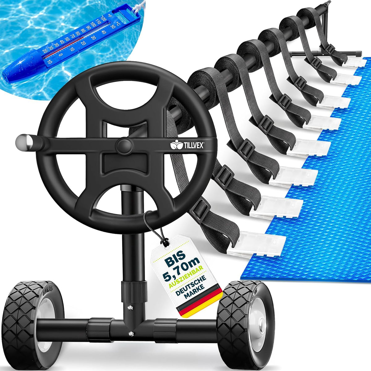 tillvex Pool haspel Premium 3-5,70 m met massief rubberen banden incl. thermometer & banden | oprolsysteem voor zonnefolie | oprolsysteem voor zwembadzeil & afdekking | weerbestendig materiaal