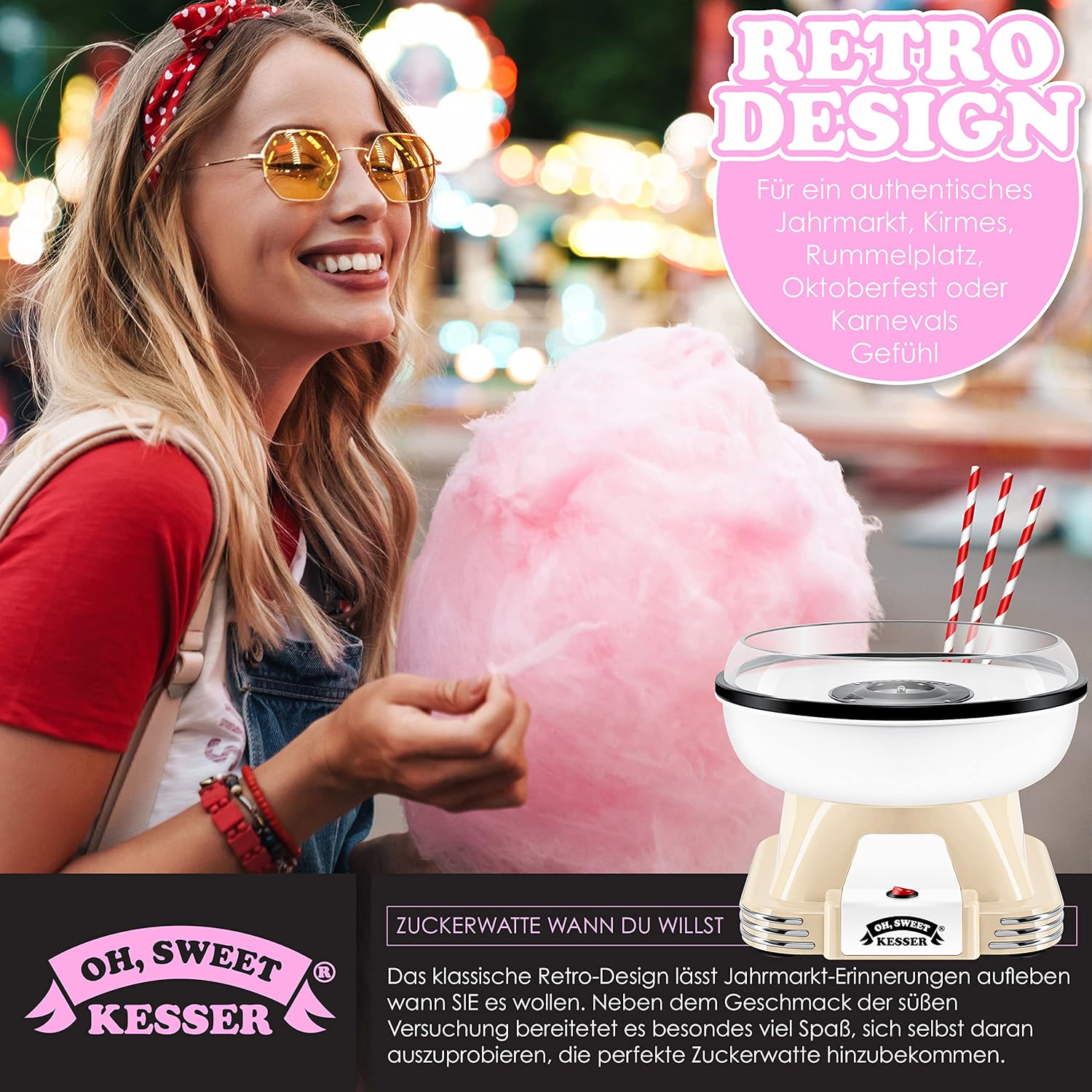 KESSER® Suikerspinmachine set voor je huis, met 30 x suikerspinstaafjes en maatlepels, retro katoenen snoepmachine, suikerspinmachine met accessoires, hoogte 22 cm, 500 W, crèmewit