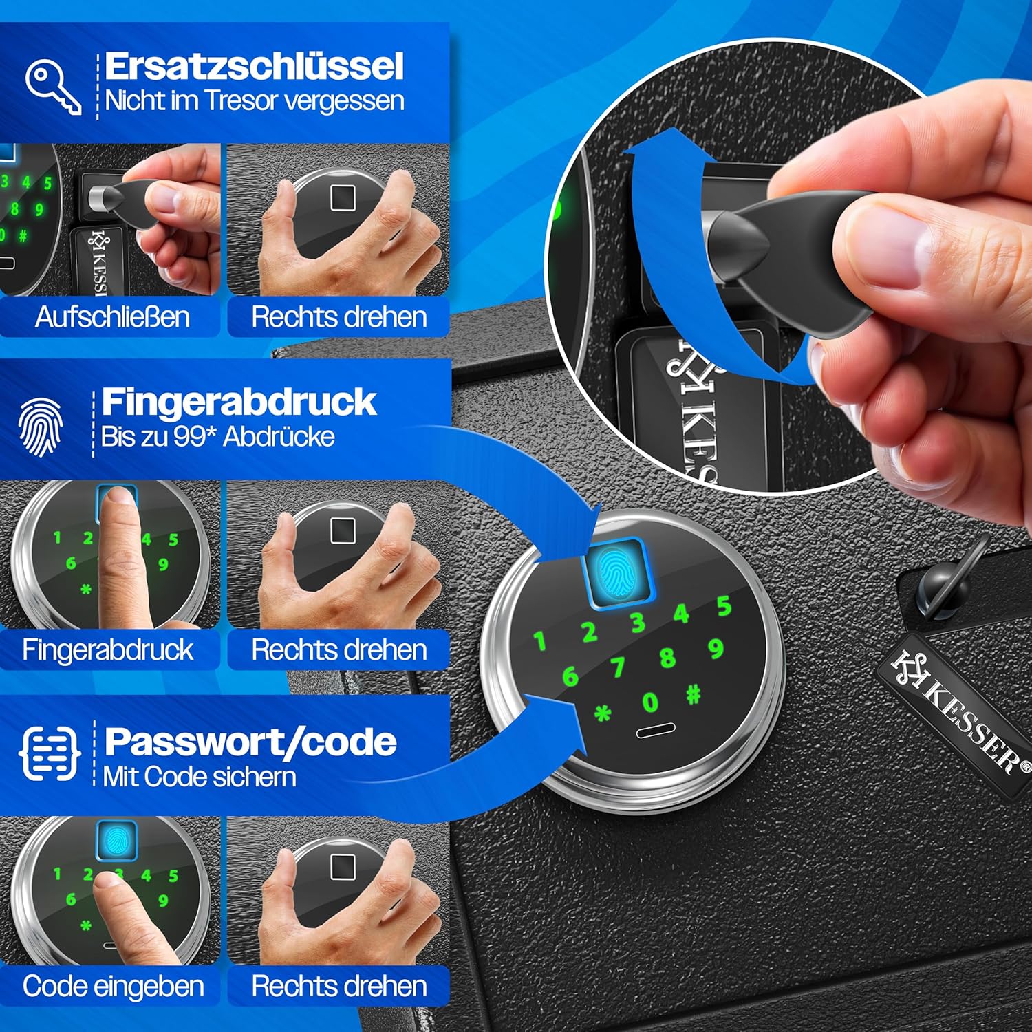 KESSER® Elektrische kluis met vingerafdruk & sleutel XL | incl. noodbatterij | elektronische kluis | 3x dubbele boutvergrendeling | vloer wandkluis | meubelkluis | pantserkast cijferslot zwart