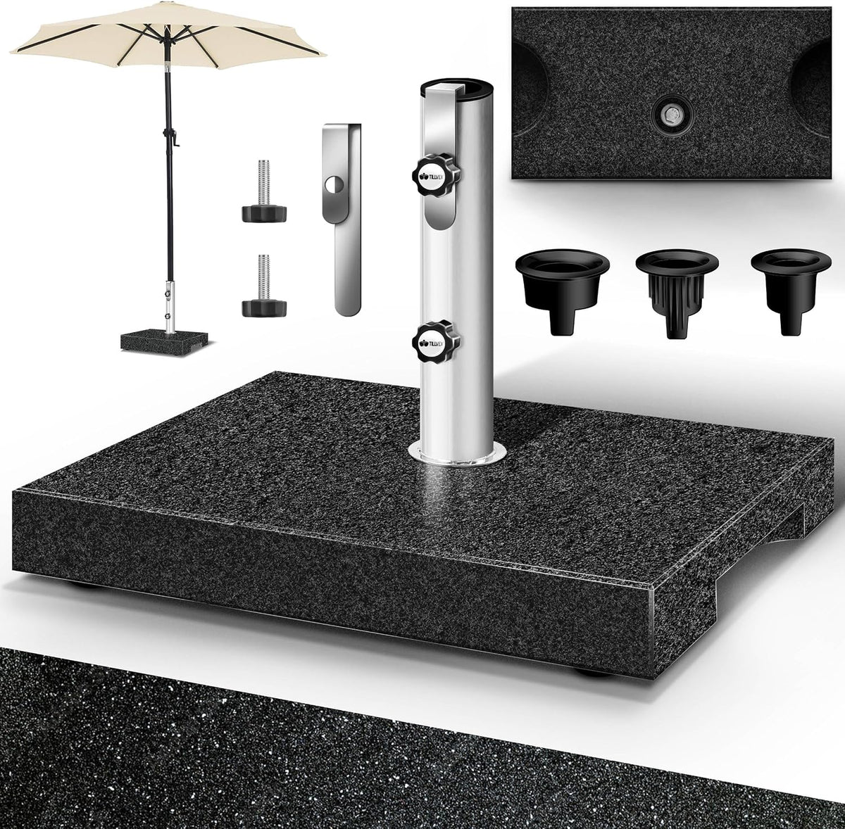tillvex® Granit Parasolstandaard met transportgreep, 25 kg, rechthoekig, parasolstandaard, parasol met roestvrijstalen buis, balkonparasolstandaard voor parasolstokken 16-48 mm en 250 cm diameter
