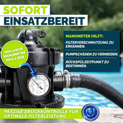 tillvex® Zandfilter zwembad zonder pomp + filterballen | filterketel zwembadfilter incl. adapter Ø 32-38 mm | zandfilterketel + 7-wegventiel, manometer en zuigslang (grijs, tot 35 m³ (35.000 liter