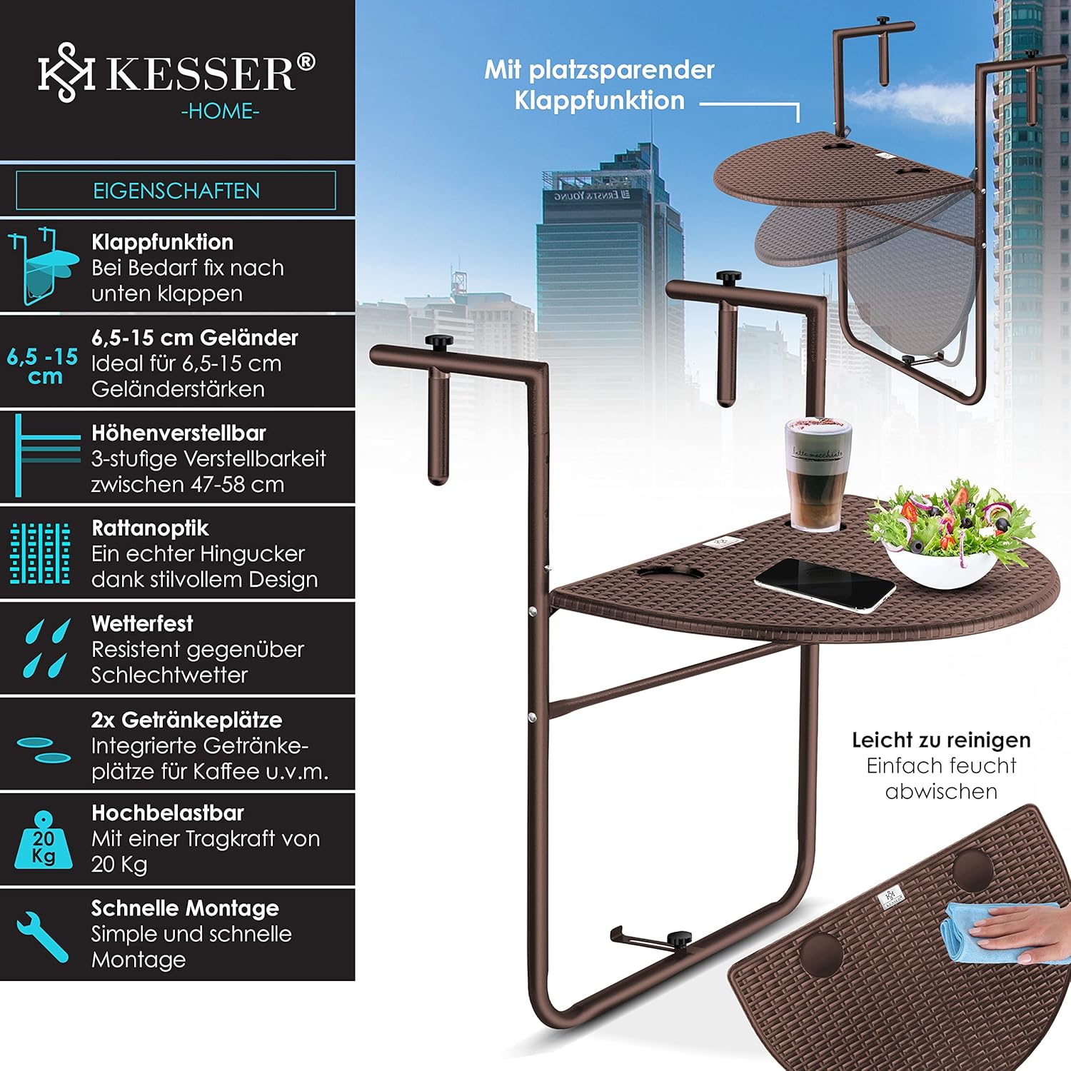KESSER® Balkontafel - Inklapbaar - Hangtafel - Verstelbaar - Bruin