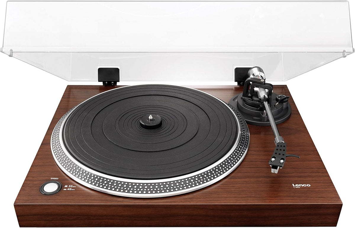 Lenco Platenspeler L-90X halfautomatisch met USB-aansluiting, houten behuizing, audio Technica pick-up, walnoot