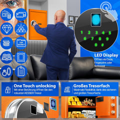 KESSER® Elektrische kluis met vingerafdruk & sleutel S | incl. noodbatterij | elektronische kluis | 3x dubbele boutvergrendeling | vloer wandkluis | meubelkluis | pantserkast cijferslot oranje