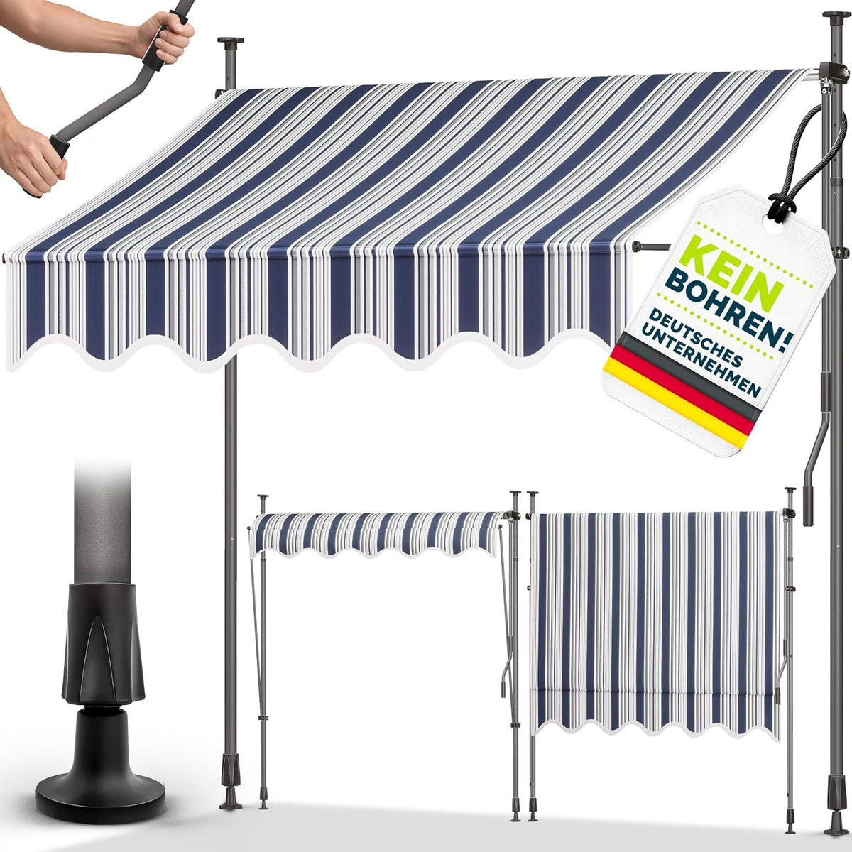 tillvex Klemluifel met handslinger, voor balkon, balkonluifel zonder boren, luifel uv-bestendig en in hoogte verstelbaar, zonwering, terras en tuin, waterdicht (blauw-grijs, 350 cm)
