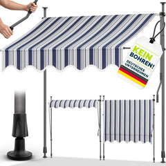 tillvex Klemluifel met handslinger, voor balkon, balkonluifel zonder boren, luifel uv-bestendig en in hoogte verstelbaar, zonwering, terras en tuin, waterdicht (blauw-grijs, 350 cm)
