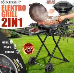 Kesser Tafelbarbecue, elektrisch, 2-in-1, met deksel en voet, max. 2400 watt, inklapbaar, thermometer, antiaanbaklaag, grillplaat en tafelblad, 2 wielen, zwart, zwart