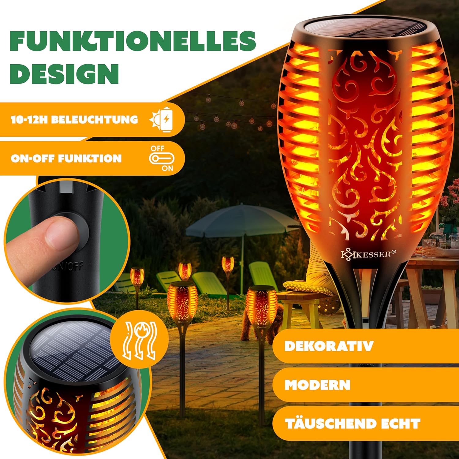 KESSER® 2 Solar Tuinfakkels - Tuinverlichting - Sensor - Zwart