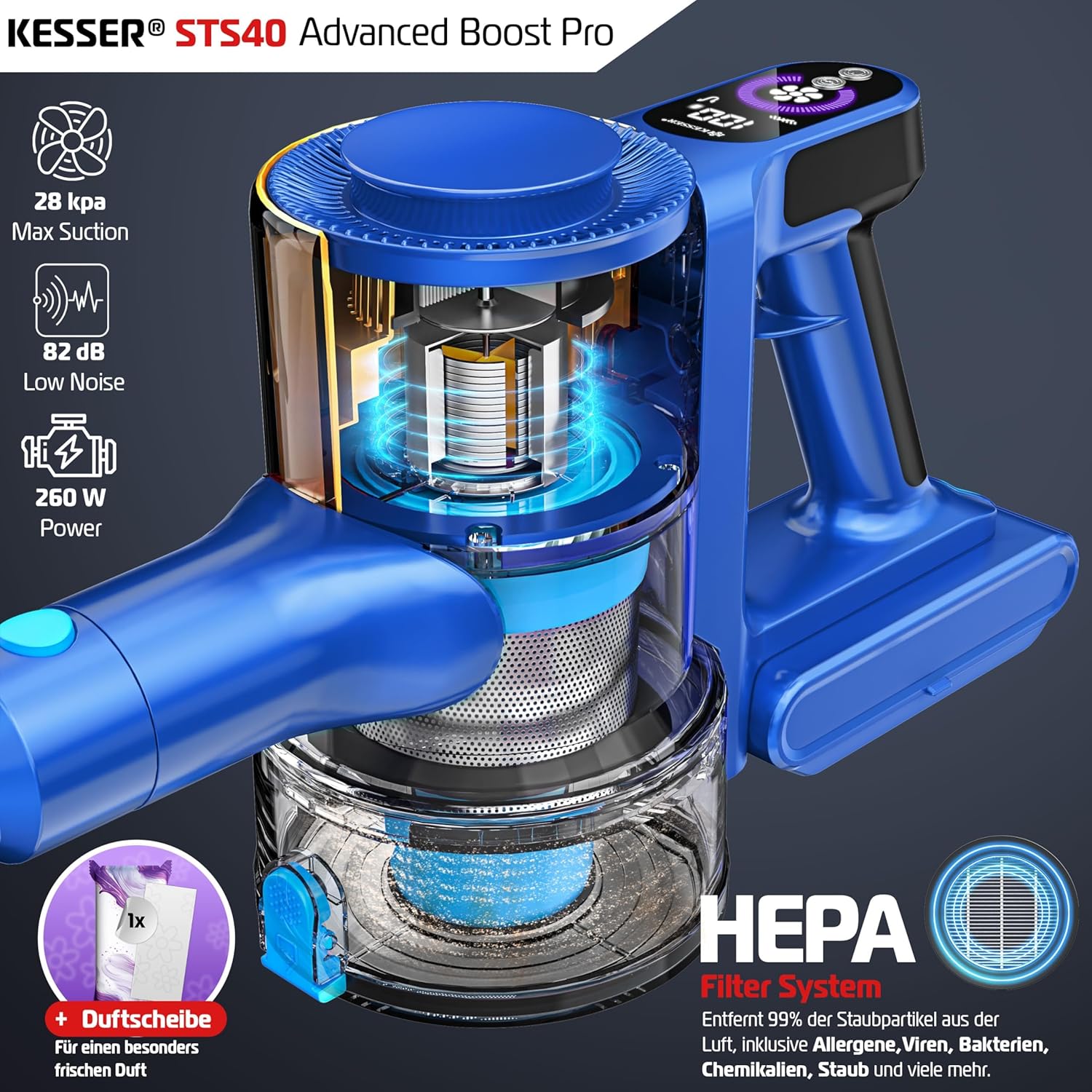 Steelstofzuiger - Draadloos - Stofzuiger Zonder zak - 45KPa - Blauw - KESSER®
