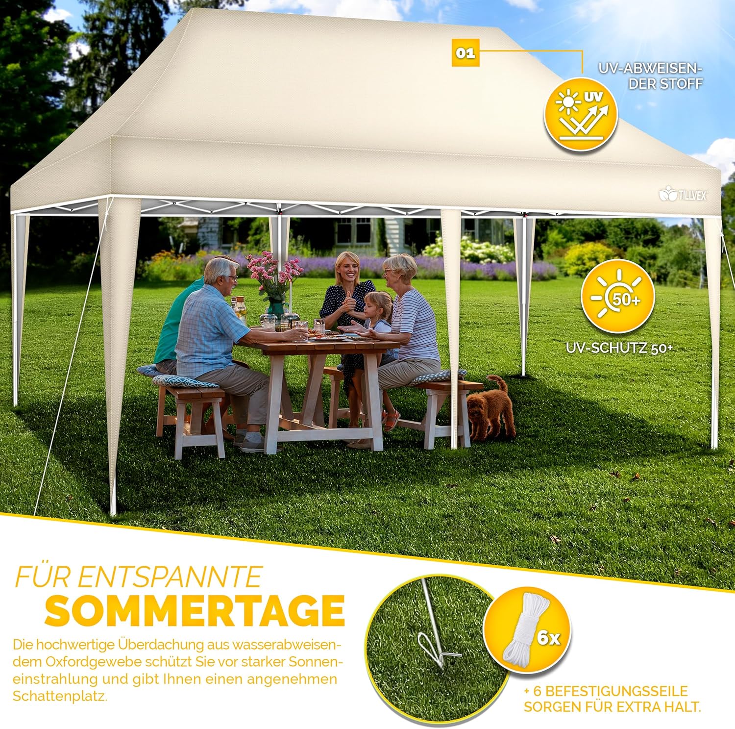 Partytent - opvouwbaar - 3x6 m - Paviljoen - Beige - Tillvex®